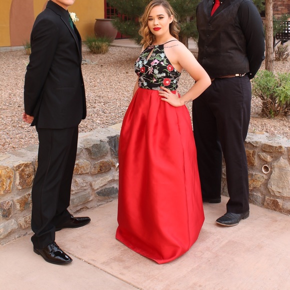 black dress with red embroidered flowers